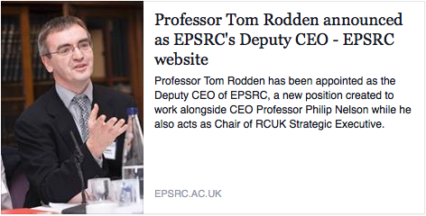 Professor Tom Rodden announced as EPSRC's Deputy CEO