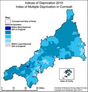 map of areas with high indices of multiple deprivation in Cornwall